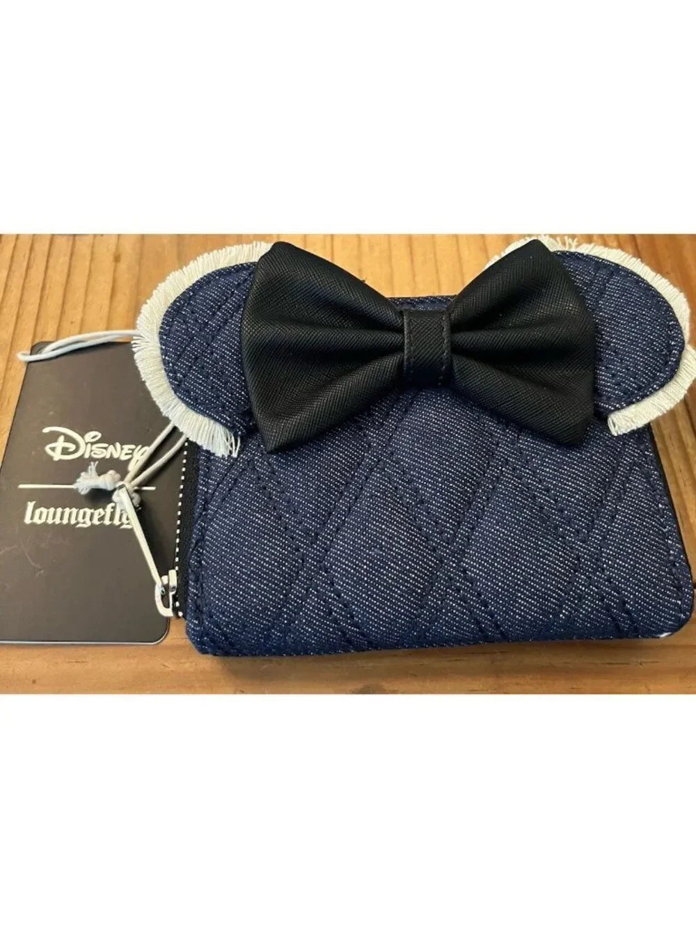 Loungefly Disney Minnie Mouse Blue Denim Quilted Zip Wallet Fringe Bow NWT